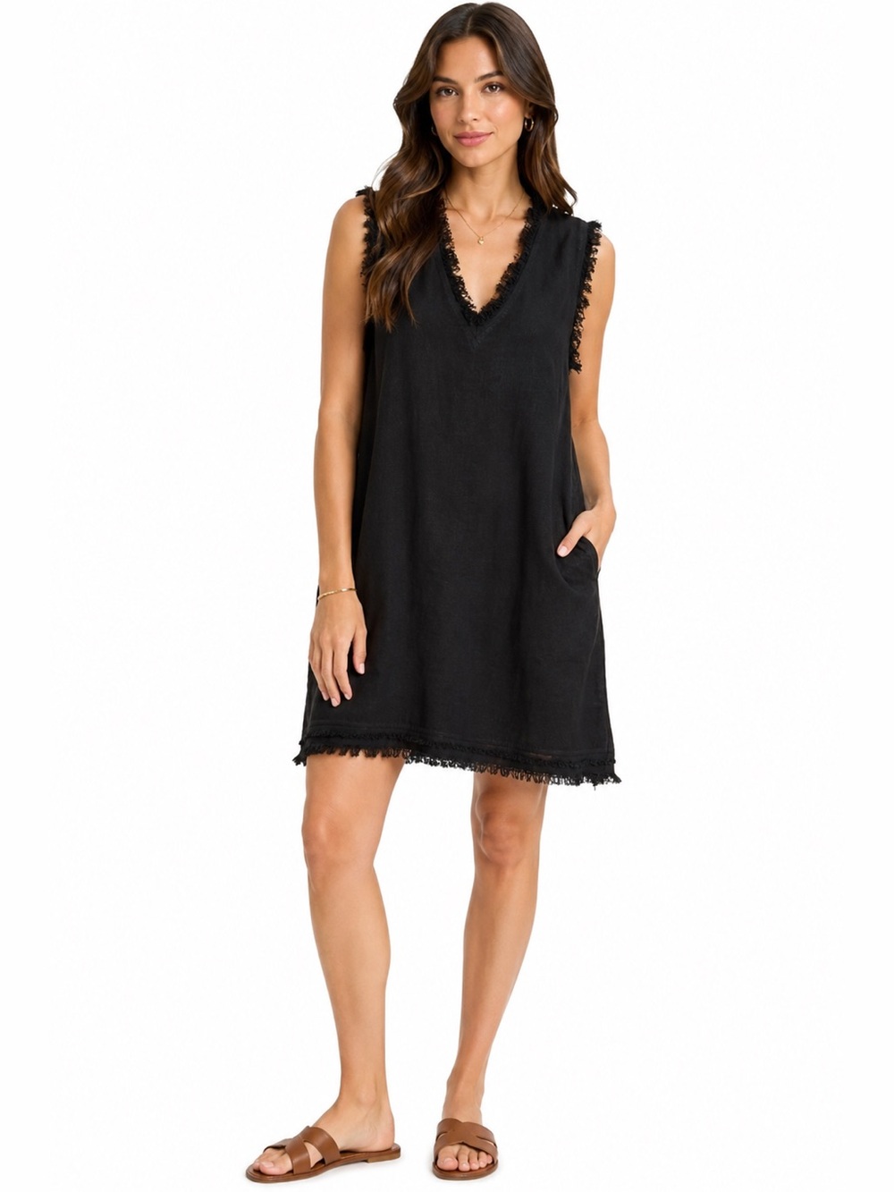La Miel Black Linen Blend Fringe Shift Dress Size L Sleeveless V Neck